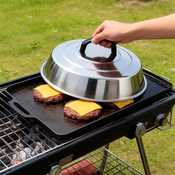 HaWare 12.6 Inch Cheese Melting Dome Wok Lids, Round Stainless Steel Basting Cover Lids with Heat Resistant Handle, for Flat Top Griddle Grill Cooking Indoor or Outdoor, Camp BBQ Accessories, 3 Domes