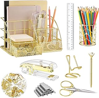 KAAKOW Gold Desk Organizers and Accessories Office Supplies Set Stapler, Pen Holder, Phone Holder, Scissors, Pen, Ruler, 30 Paper Clips, 22 Binder Clip, 20 Tacks and 1000pcs Staples (Gold)