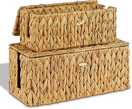 efluky 2 Pack Hand-Woven Floor Cord Covers with Lid, Water Hyacinth Cable Management Box, 2 Open Slots Cord Box to to Hide Cords Power Strip for Desk, Floor, Office