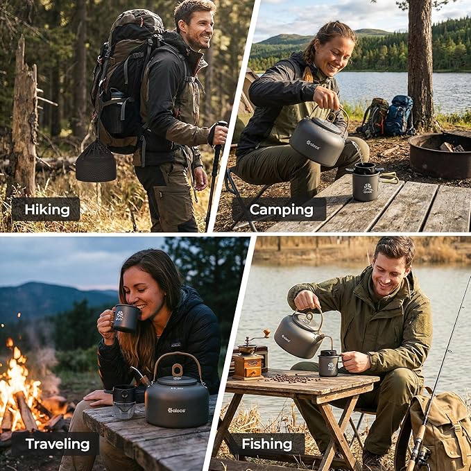 Alocs 2.3L Camping Coffee Pot Outdoor Coffee Maker Set, Hard Anodized Aluminum Camping Kettle with Pour Over Coffee Kit, 12oz Mug & Precision Spout, Portable Backpacking Gear for Campfire & Gas Stove