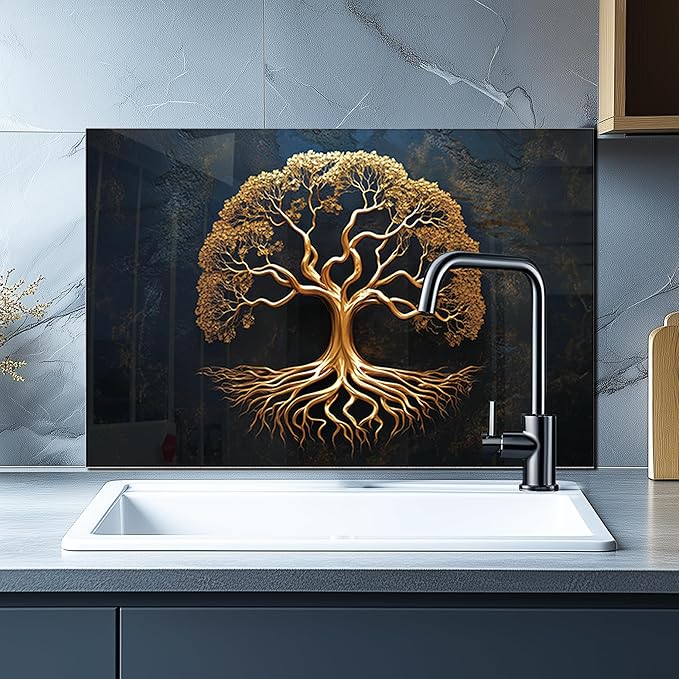 DAIFURONGE Tempered Glass Backsplash for Kitchen, Tree of Life Art Stove Backsplash Protector - Easy to Clean Wall Decor (Art Deco 1, 30"x16"(76.2x40.64cm))