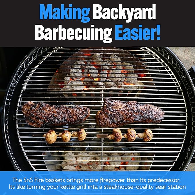 SnS Grills Slow ’N Sear FireBaskets with Water Pan – Heavy Duty Stainless Steel Charcoal Basket for 22" Weber & Similar Kettle Grills – Two Zone Cooking & Heat Management