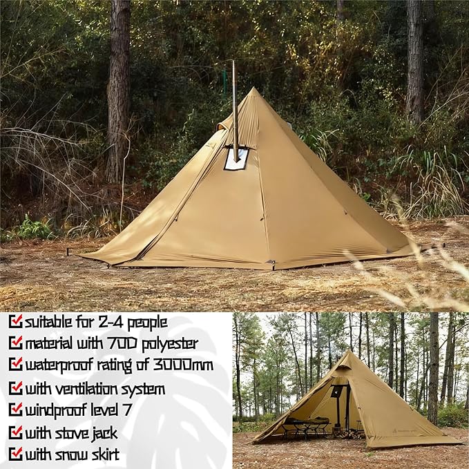 Hot Tent with Stove Jack – 4 Season Waterproof & Windproof Shelter for 1–4 People, Lightweight for Camping, Hiking, Hunting & Fishing