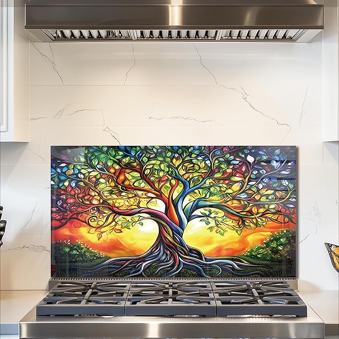 fzxwyishu Tree of Life,Tempered Glass Backsplash For Kitchen Behind Stove,Easy to Clean Kitchen Sink Cover Splash Guard, Home Kitchen Décor (color, 30"x16"(76.2x40.64cm))