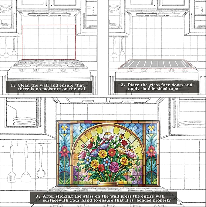 fzxwyishu Tempered Glass Backsplash for Kitchen,Stove Splashback Protector Mosaic Window Design | Heat-Resistant Splash Board, Kitchen Wall Decoration