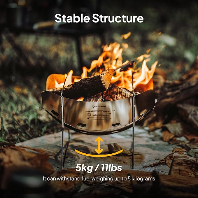Thous Winds Lightweight Fire Pit, 12-inch Portable Camping Firepit, 453g Outdoor Stainless Steel Camp Grill, Wood Burning Charcoal for BBQ Bushcraft Backpacking, Easy Carry & Storage