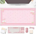 Cute Pink Plaid Desk Mats Strawberry Milk Gaming Desk Pad, Kawaii Extended Mouse Pad Kawaii Large Keyboard Mats XXL, Laptop Mat for Desk, Desktop Mat Mousepad Office Decor for Women 31.5"x15.75"