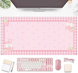 Cute Pink Plaid Desk Mats Strawberry Milk Gaming Desk Pad, Kawaii Extended Mouse Pad Kawaii Large Keyboard Mats XXL, Laptop Mat for Desk, Desktop Mat Mousepad Office Decor for Women 31.5"x15.75"