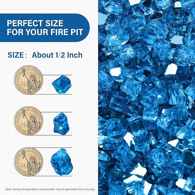 NUPICK 10 Pound Fire Glass, 1/2 Inch Reflective Fire Pit Glass, Tempered Firepit Glass Rock for Propane or Natural Gas, Glass Rocks for Fire Pit Table or Fireplace, Pacific Blue Reflective