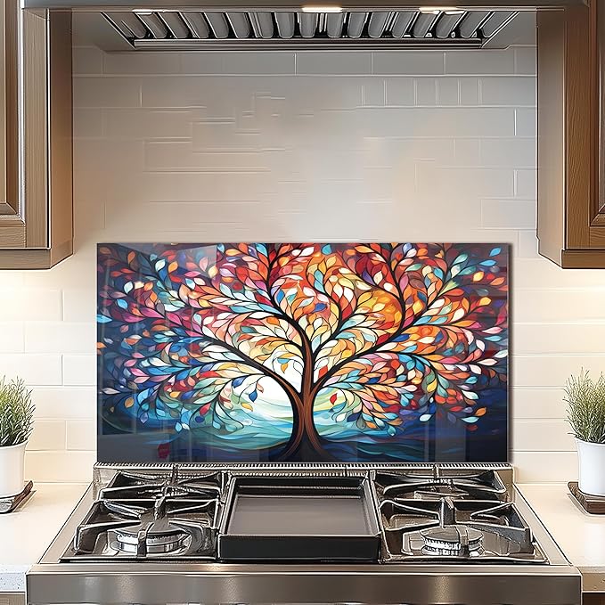 DAIFURONGE Tempered Glass Backsplash for Kitchen, Tree of Life Art Stove Backsplash Protector - Easy to Clean Wall Decor (Art Deco 2, 30"x16"(76.2x40.64cm))
