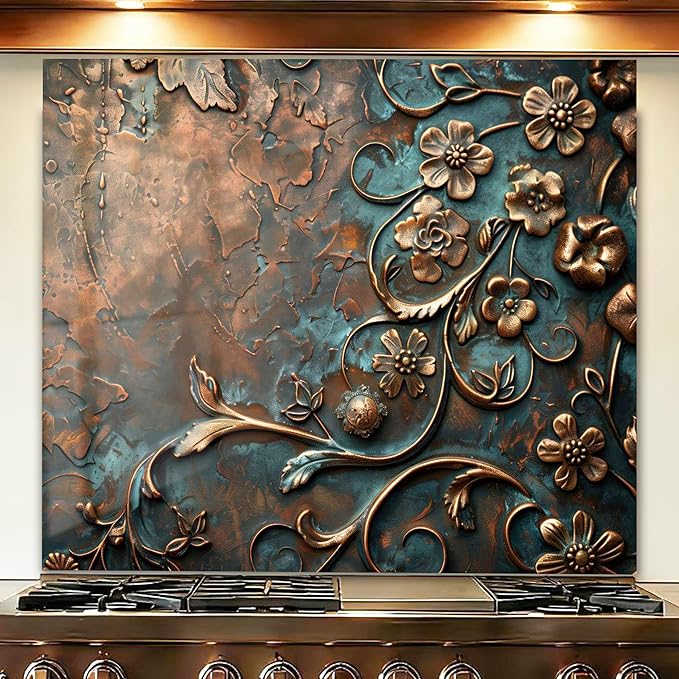 LMSDYSHU Tempered Glass Backsplash for Kitchen, Retro Plum Blossom, Frameless, Stove Backsplash Protector for Wall,Easy to Clean, Home Decor (30"x30")