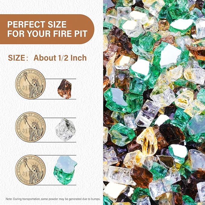 NUPICK 10 Pound Fire Glass, 1/2 Inch Reflective Fire Pit Glass, Tempered Firepit Glass Rock for Propane or Natural Gas, Glass Rocks for Fire Pit Table or Fireplace, Gold & Green & Copper Mix