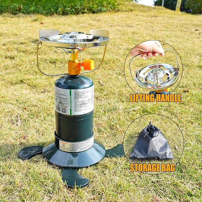 Propane Stove Portable Camping Gas Stove 10,000 BTU Bottletop Single Adjustable Burner with 1 lb Tank Base Carrying Case Great for Backpacking Emergencies Outdoor