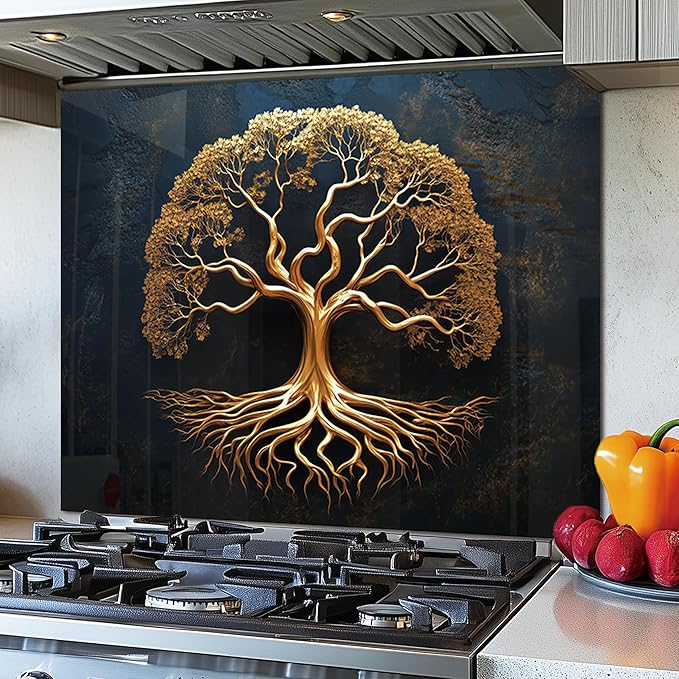 DAIFURONGE Tempered Glass Backsplash for Kitchen, Tree of Life Art Stove Backsplash Protector - Easy to Clean Wall Decor (Art Deco 1, 35.43"x27.56"(90x70cm))