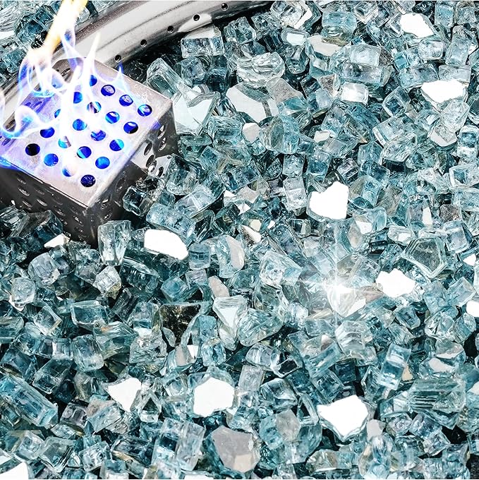 NUPICK 5 Pound Fire Glass, 1/4 Inch Reflective Fire Pit Glass, Tempered Firepit Glass Rock for Propane or Natural Gas, Glass Rocks for Fire Pit Table, Fireplace Glass for Landscaping, Aqua Blue