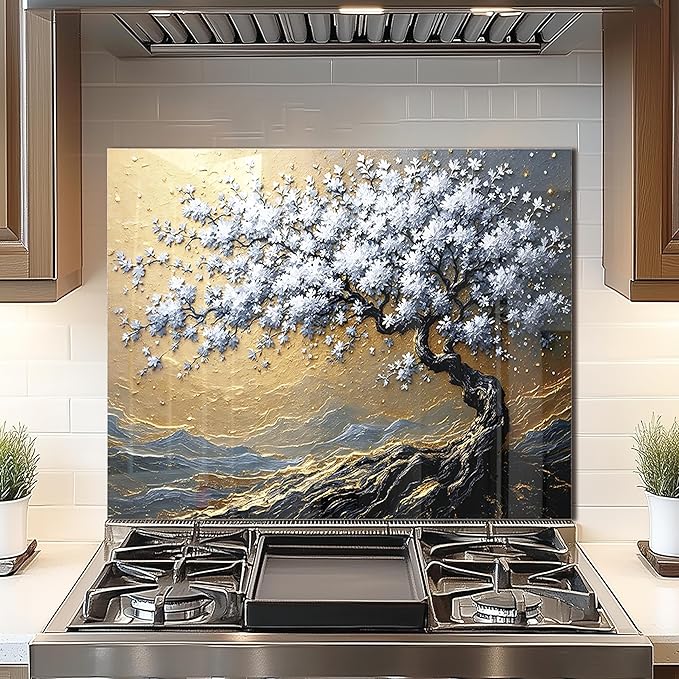 DAIFURONGE Tempered Glass Backsplash for Kitchen, Tree of Life Art Stove Backsplash Protector - Easy to Clean Wall Decor (Art Deco 4, 30"x24"(76.2x60.96cm))