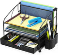 Simple Houseware 3-Tier Desk Organizer with Sliding Drawer, Hanging File Holder and Pen Holder Accessory, Black