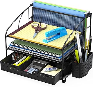 Simple Houseware 3-Tier Desk Organizer with Sliding Drawer, Hanging File Holder and Pen Holder Accessory, Black