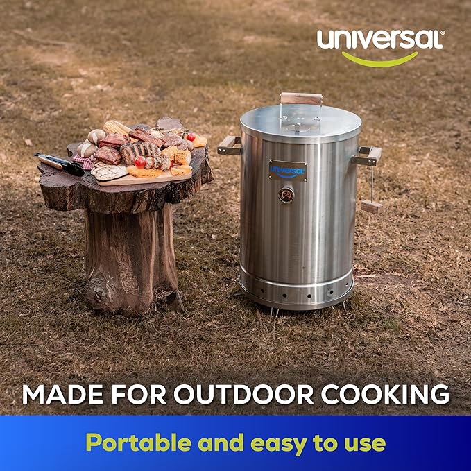 Universal 20-pound Stainless Steel (25-servings) Charcoal Barrel Smoker with Thermometer & Airlock system - 20.5"x 29.6" x ⌀15.5", 2 in 1 Vertical Grill and Smoker, Slow Cooking Barrel