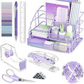Purple Desk Organizers and Accessories, Purple Office Supplies with Mesh Desk Organizer, Acrylic Tape Dispenser and Stapler, Staples, Ballpoint Pen, Clips Set, Ruler, Scissor, Sticky Labels