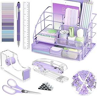 Purple Desk Organizers and Accessories, Purple Office Supplies with Mesh Desk Organizer, Acrylic Tape Dispenser and Stapler, Staples, Ballpoint Pen, Clips Set, Ruler, Scissor, Sticky Labels