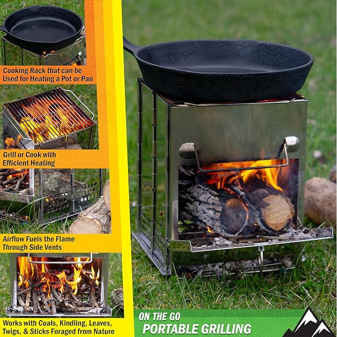 Camping Stove - Stainless-Steel Wood Burning Rocket Stove - Portable Grill for Beach, Picnic, Camp or Backpacking - Bushcraft Gear by Wakeman Outdoors