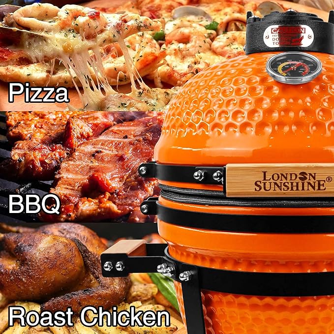 London Sunshine Ceramic Charcoal BBQ Kamado Grill Smoker - Portable Tabletop Cadet Series -Orange
