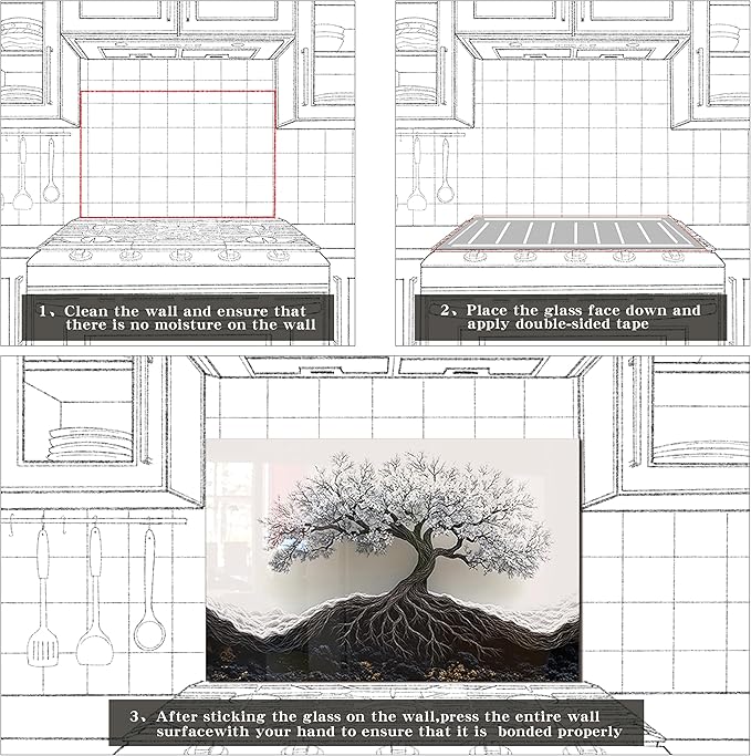 fzxwyishu Tree of Life,Tempered Glass Backsplash For Kitchen Behind Stove,Easy to Clean Kitchen Sink Cover Splash Guard, Home Kitchen Décor (White, 30"x18"(76.2x45.72cm))