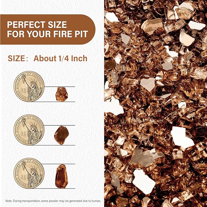 NUPICK 10 Pound Fire Glass, 1/4 Inch Reflective Fire Pit Glass, Tempered Firepit Glass Rock for Propane or Natural Gas, Glass Rocks for Fire Pit Table, Fireplace Glass for Landscaping, Copper