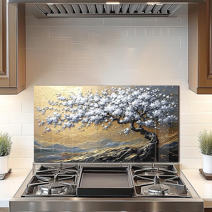 DAIFURONGE Tempered Glass Backsplash for Kitchen, Tree of Life Art Stove Backsplash Protector - Easy to Clean Wall Decor (Art Deco 4, 30"x16"(76.2x40.64cm))
