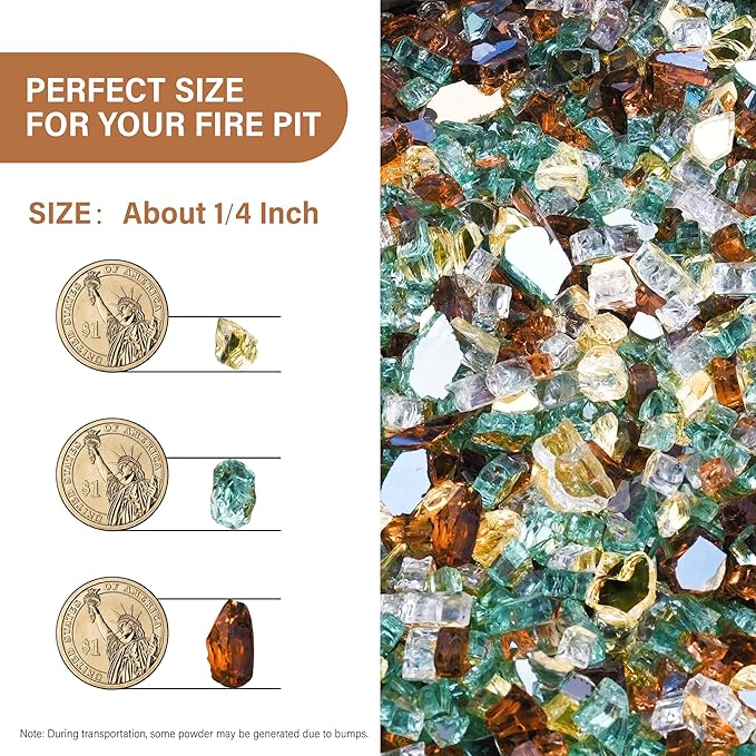 NUPICK 20 Pound Fire Glass, 1/4 Inch Reflective Fire Pit Glass, Tempered Firepit Glass Rock for Propane or Natural Gas, Glass Rocks for Fire Pit Table or Fireplace, Gold & Green & Copper Mix