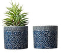 MyGift 4 Inch Cobalt Blue Ceramic Indoor Small Planter Vase, Succulent Plant Pot with Embossed Design and Solid Bottom, Set of 2