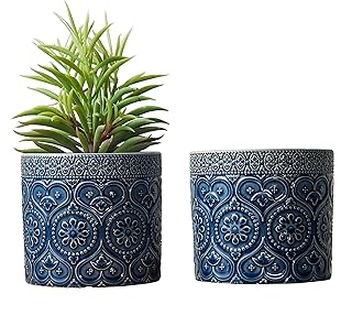 MyGift 4 Inch Cobalt Blue Ceramic Indoor Small Planter Vase, Succulent Plant Pot with Embossed Design and Solid Bottom, Set of 2
