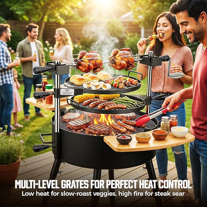 BIG HORN Santa Maria Grill, Portable Argentinian Parrilla with Adjustable Height & 360° Rotating Grates, Charcoal Open Fire BBQ Grill with Rotisserie for Camping, Patio & Backyard