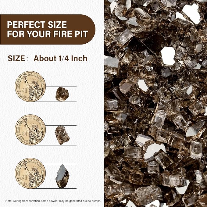 NUPICK 20 Pound Fire Glass, 1/4 Inch Reflective Fire Pit Glass, Tempered Firepit Glass Rock for Propane or Natural Gas, Glass Rocks for Fire Pit Table, Fireplace Glass for Landscaping, Bronze