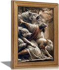 Vintage Gold Framed Jesus and Lamb Wall Art Jesus Saves the Lost Sheep Christian Canvas Prints Shepherd Protect a Lamb from Wolves Picture Religious Painting Poster Artwork for Living Room Church