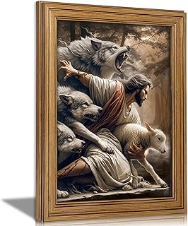 Vintage Gold Framed Jesus and Lamb Wall Art Jesus Saves the Lost Sheep Christian Canvas Prints Shepherd Protect a Lamb from Wolves Picture Religious Painting Poster Artwork for Living Room Church