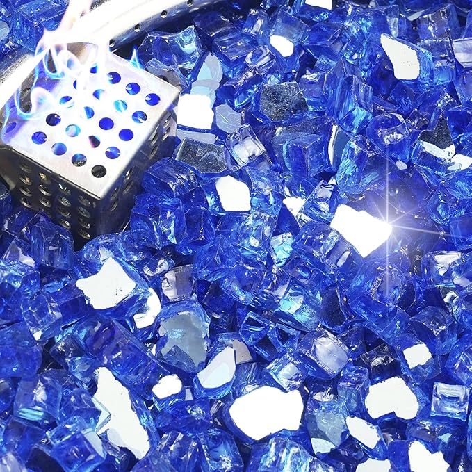 NUPICK 20 Pound Fire Glass, 1/2 Inch Reflective Fire Glass, Fit with Fire Pit Glass and Fireplace Glass, Blue