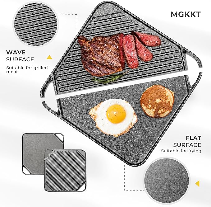1-Piece 10.6 inch Cast Iron Griddle Plate | Reversible Square Cast Iron Grill Pan for Single burner| Double Sided Used on Open Fire & in Oven | Pre-Seasoned |Versatile Baking Griddle