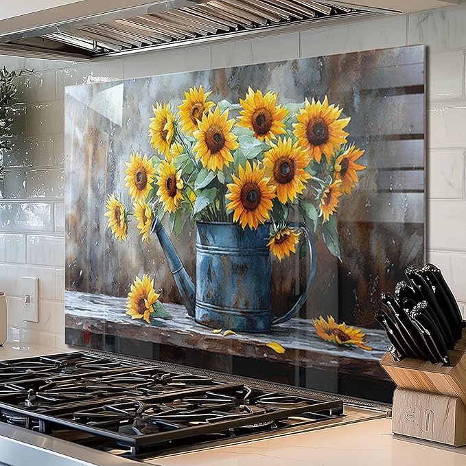 fzxwyishu Tempered Glass Backsplash for Kitchen,Stove Splashback Protector Sunflower Design | Heat-Resistant Splash Board, Kitchen Wall Decoration