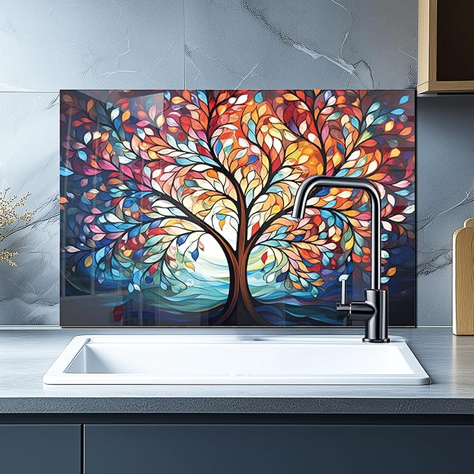 DAIFURONGE Tempered Glass Backsplash for Kitchen, Tree of Life Art Stove Backsplash Protector - Easy to Clean Wall Decor (Art Deco 2, 30"x20"(76.2x50.8cm))
