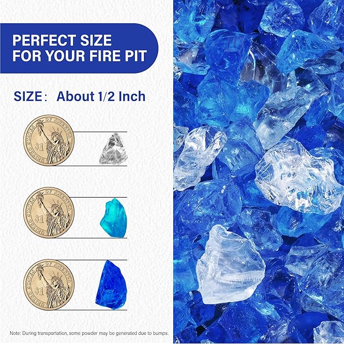 NUPICK 5 Pound Fire Glass, 1/2 Inch Reflective Fire Pit Glass, Tempered Firepit Glass Rock for Propane or Natural Gas, Glass Rocks for Fire Pit Table or Fireplace, Blue and White Mix