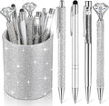 Sabary 8 Pcs Silver Pens with Pen Holder for Desk Glitter Crystal Diamond Cute Ballpoint Fancy Pencil Holder Bling Desk Organizer for Women Girls School Office Supplies Wedding Graduation Gifts