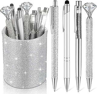 Sabary 8 Pcs Silver Pens with Pen Holder for Desk Glitter Crystal Diamond Cute Ballpoint Fancy Pencil Holder Bling Desk Organizer for Women Girls School Office Supplies Wedding Graduation Gifts