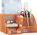 EasyPAG Mesh Desk Organizer with Drawer Multi-functional Pen Holder Stationery Organizer for Office School Supplies 6 Compartments Dorm Organizers and Storage for Desk, Orange
