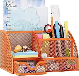 EasyPAG Mesh Desk Organizer with Drawer Multi-functional Pen Holder Stationery Organizer for Office School Supplies 6 Compartments Dorm Organizers and Storage for Desk, Orange
