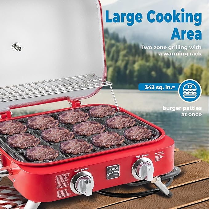 Kenmore Portable Propane Gas Grill - Tabletop BBQ Grill with Warming Rack, 2 Stainless Steel Burners with 14,000 BTUs, for Outdoor Kitchen, Camping, Red