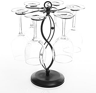 MyGift 6-Hook Rotating Wine Glass Rack with Sturdy Base & Scrollwork Design - Black Metal Countertop Stemware Holder | Rust-Resistant, Space-Saving Storage for Kitchen, Bar, Dining Table (13.75" H)