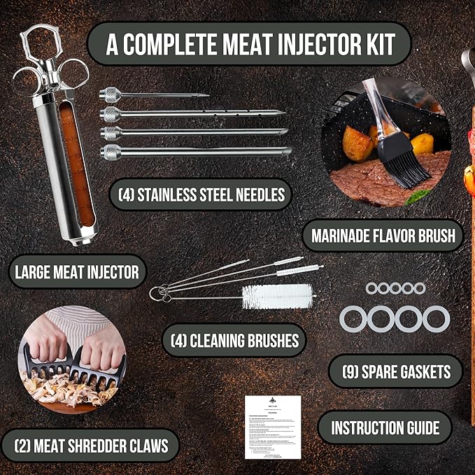 Professional Meat Injector Marinade Syringe Kit for Smoking & Grilling Turkey & Brisket, Large 2 Oz Stainless Steel Visible Capacity, Never Leaks or Clogs - BBQ Gifts for Men - Built to Last Years
