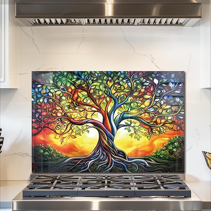 fzxwyishu Tree of Life,Tempered Glass Backsplash For Kitchen Behind Stove,Easy to Clean Kitchen Sink Cover Splash Guard, Home Kitchen Décor (color, 30"x20"(76.2x50.8cm))